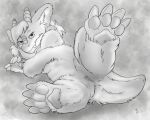  5:4 alternate_species alyssa_(tyvulpine) anthro claws dragon female flinters fur furred_dragon genitals greyscale hair hi_res horn looking_at_viewer monochrome pawpads presenting presenting_pussy pussy solo 