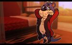  2023 animal_crossing anthro balls black_nose blue_body clothing detailed_background eyewear genitals glasses hi_res inside lyle_(animal_crossing) male mammal mustelid nintendo otter penis robe solo the-alfie-incorporated 