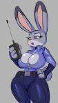  anthro big_breasts blush breasts buckteeth cleavage clothed clothing disney female hand_on_hip holding_object huge_breasts judy_hopps lagomorph leporid mammal police_uniform rabbit solo solratic teeth thick_thighs uniform walkie-talkie wide_hips zipper zootopia 