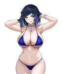  1girl armpits arms_up azmi_yudista bangs bare_shoulders bikini blue_bikini blue_hair bob_cut breasts cleavage curvy diagonal_bangs dice genshin_impact green_eyes highres large_breasts mole mole_on_breast navel short_hair solo swimsuit tassel tassel_choker thigh_gap tongue tongue_out underboob yelan_(genshin_impact) 