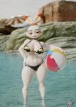  2023 3d_(artwork) absurd_res anthro ball beach_ball beach_umbrella bikini breasts clothing digital_media_(artwork) female feversfm generation_8_pokemon hi_res holding_ball holding_object inflatable looking_at_viewer navel nintendo orange_eyes outside pink_nose pokemon pokemon_(species) scorbunny scorbunny_(valorlynz) solo standing swimwear teeth 