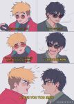  black_hair blonde_hair blue_eyes blush_stickers cigarette earrings egosketch highres implied_yaoi jewelry male_focus mole mole_under_eye multiple_boys nicholas_d._wolfwood simple_background single_earring smoking sunglasses trigun trigun_stampede vash_the_stampede white_background 