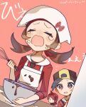  1girl 2boys apron backwards_hat black_hair blush bowl chibi chocolate closed_eyes commentary_request cowlick crying ethan_(pokemon) flying_sweatdrops hat holding holding_whisk jacket lyra_(pokemon) multiple_boys open_mouth parted_lips pink_background pokemon pokemon_(game) pokemon_hgss red_hair red_shirt shirt short_hair silver_(pokemon) sumeragi1101 sweatdrop tears translation_request whisk white_apron white_headwear 