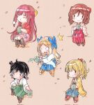  5girls :&lt; =3 asakaze_(kancolle) black_hair blonde_hair blush boots bow brown_footwear brown_hair cherry_blossoms chibi closed_eyes closed_mouth cross-laced_footwear cup drill_hair dropping hair_bow hakama hakama_skirt harukaze_(kancolle) hat hatakaze_(kancolle) highres holding holding_cup japanese_clothes kamikaze_(kancolle) kantai_collection lace-up_boots long_hair matsukaze_(kancolle) meiji_schoolgirl_uniform mini_hat mini_top_hat multiple_girls open_mouth petals poipoi_purin red_bow red_hair short_hair simple_background sitting skirt tea top_hat very_long_hair wide_sleeves yellow_bow yunomi 