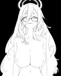  1girl akane_(blue_archive) arms_at_sides blue_archive breasts glasses greyscale hair_between_eyes halo highres kawatiw large_breasts long_hair looking_at_viewer monochrome nipples nude parted_lips simple_background sketch solo upper_body very_long_hair 