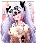  1girl :d azur_lane bangs bare_shoulders black_bra black_hair black_ribbon blush bra bra_peek bra_strap breasts brown_collar brown_sweater cleavage collar commentary_request earrings elbe_(azur_lane) elbe_(pure-hearted_bad_girl)_(azur_lane) eyewear_on_head fang hair_between_eyes hair_ribbon hand_on_own_chest hand_up head_tilt jewelry kado_(hametunoasioto) lace-trimmed_bra lace_trim large_breasts long_hair long_sleeves looking_at_viewer multicolored_hair necklace notice_lines off-shoulder_sweater off_shoulder official_alternate_costume open_mouth partial_commentary purple_eyes ribbon sidelocks skin_fang smile solo standing streaked_hair sunglasses sweater underwear upper_body white_hair 
