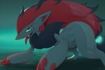  accessory all_fours ambiguous_gender chest_tuft claws feral generation_5_pokemon hair_accessory hair_tie hi_res inkune looking_at_viewer nintendo open_mouth pokemon pokemon_(species) smile solo teeth tongue tongue_out tuft zoroark 