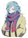  1boy aqua_eyes aqua_hair closed_mouth cropped_torso grusha_(pokemon) hands_in_pockets highres jacket kabe_sakana long_hair looking_at_viewer male_focus pokemon pokemon_(game) pokemon_sv scarf simple_background sketch solo two-tone_scarf upper_body white_background yellow_jacket 