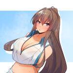 1girl absurdres arms_behind_back bangs blush breasts brown_eyes brown_hair cleavage collarbone hair_between_eyes highres kantai_collection large_breasts long_hair navel osora_(judithandlilith) parted_lips ponytail solo sportswear tennis_uniform upper_body very_long_hair yamato_(kancolle) 