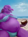  anthro beach belly big_belly blue_bottomwear blue_clothing blue_tongue blue_topwear bottomwear bulge clothing coconut drupe_(fruit) fangs food fruit fur glistening glistening_eyes gynomorph hair hi_res holding_coconut holding_food holding_object huge_belly intersex looking_at_viewer open_mouth orange_eyes outside overweight overweight_anthro overweight_gynomorph overweight_intersex plant purple_body purple_fur purple_hair purple_tongue roobin seaside sharp_teeth signature sitting sky solo species_request teeth tongue topwear 