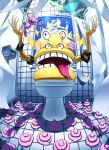  absurdres arms_up bbb_(fabio8552) bracelet commentary_request digimon digimon_(creature) highres indoors jewelry long_tongue mouse no_humans poop ring scumon teeth toilet toilet_paper tongue tongue_out tyumon 