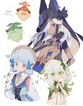  1boy 2girls animal_hat aqua_hair aranara_(genshin_impact) bangs black_headwear blunt_bangs blush bug butterfly butterfly_hair_ornament card cyno_(genshin_impact) dark-skinned_male dark_skin dress egyptian_clothes flower genshin_impact green_eyes grey_hair hair_ornament hair_over_one_eye hat highres holding holding_card kabe_sakana kamisato_ayaka kamisato_ayaka_(springbloom_missive) long_hair long_sleeves looking_at_viewer multicolored_hair multiple_girls nahida_(genshin_impact) official_alternate_costume own_hands_together parted_lips pointy_ears side_ponytail simple_background translation_request upper_body white_background white_dress white_hair 