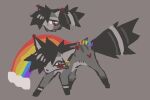  3:2 ambiguous_gender bangs canid canine feral fur grey_body grey_fur hi_res mammal rainbow solo yakkotsuki 