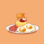  1other among_us artist_name bacon bread breb_(among_us) commentary crewmate_(among_us) egg_(food) food fried_egg full_body highres no_humans notice_lines on_head orange_background plate shadow simple_background sitting symbol-only_commentary tenmiyakiyo yellow_(among_us) 