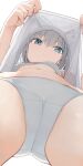  1girl blue_archive blue_eyes breasts clothes_lift cross_hair_ornament from_below grey_hair hair_ornament highres hiroki_(yyqw7151) lifted_by_self looking_at_viewer navel shiroko_(blue_archive) shirt shirt_lift small_breasts solo stomach upshirt white_shirt 