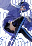  1girl 510_gotoudayo :d absurdres bangs binary black_skirt black_thighhighs blue_hair blue_jacket blurry character_name copyright_name depth_of_field digital_dissolve electricity ene_(kagerou_project) facial_mark floating floating_hair grey_background hair_between_eyes headphones highres jacket kagerou_project long_hair long_sleeves looking_at_viewer miniskirt open_mouth pleated_skirt red_eyes simple_background skirt sleeves_past_wrists smile solo thighhighs track_jacket twintails zipper 