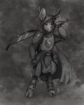  2023 3_fingers alternate_species anthro antlers armor cape clothing dax_(dax1) deer fingers flinters greyscale hi_res hooves horn male mammal melee_weapon monochrome solo sword weapon 