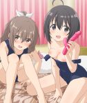  2girls :d absurdres ahoge black_eyes breasts breasts_out brown_eyes cameltoe curtains dildo highres indoors itai_no_wa_iya_nano_de_bougyoryoku_ni_kyokufuri_shitai_to_omoimasu long_hair looking_at_viewer maple_(bofuri) multiple_girls nipples open_mouth pillow ponytail sally_(bofuri) school_swimsuit sex_toy short_hair sincos sitting small_breasts smile swimsuit 