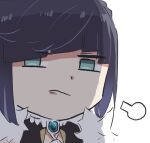  1girl bangs black_hair bob_cut chibi diagonal_bangs english_commentary fur_trim gem genshin_impact portrait short_hair solo unamused white_background xinzoruo yelan_(genshin_impact) 