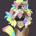  1:1 anthro black_clothing bra canid canine canis claws clothing domestic_dog eyebrow_cut female fluffy hair hand_in_underwear hi_res long_hair mammal multicolored_body multicolored_hair oopsie-gay phone photo riko_(oopsie-gay) selfie solo underwear 