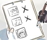  1girl asymmetrical_gloves azhdaha_(genshin_impact) black_gloves chibi drawing fingerless_gloves genshin_impact gloves holding holding_pen meme out_of_frame pen shenhe_(genshin_impact) sketch sketchbook white_gloves xinzoruo yae_miko yae_miko_(fox) 