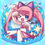  1girl ahoge animal_ear_headphones animal_ears bemani bikini black_wings blush cat_ear_headphones cat_ears chibi demon_girl demon_tail fake_animal_ears fang headphones highres nagisa_(bemani) one_eye_closed open_mouth partyanthem pink_hair solo sparkle splashing striped striped_bikini swimsuit tail twintails water wings 