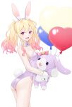  1girl 2_(artist) :d animal_ears ass balloon bare_arms blonde_hair bow breasts colored_tips cowboy_shot cross-laced_clothes cross-laced_leotard crossed_legs detached_collar double_horizontal_stripe eyelashes fake_animal_ears gradient_hair hair_between_eyes heart_balloon leotard light_smile looking_at_viewer medium_breasts multicolored_hair neck_ribbon open_mouth pink_bow pink_eyes pink_hair playboy_bunny project_sekai purple_leotard purple_ribbon rabbit_ears rabbit_tail ribbon sideboob sidelocks simple_background smile solo striped striped_bow stuffed_animal stuffed_bunny stuffed_toy tail tenma_saki tsurime twintails two-tone_hair wavy_hair white_background wrist_cuffs 