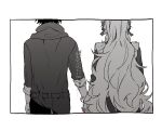  dress facing_away from_behind greyscale hair_ornament hii_(aisiteru6918moon) holding_hands hood hood_down jumpsuit kagerou_project kozakura_marry long_hair monochrome seto_kousuke side-by-side simple_background sleeves_rolled_up spot_color string string_of_fate translation_request upper_body very_long_hair 