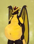  anthro belly big_belly dragon facial_markings featureless_crotch glistening glistening_eyes head_markings hi_res horn huge_belly male markings membrane_(anatomy) membranous_wings mouth_closed navel nude portrait red_markings ridged_horn roobin scales scalie signature simple_background solo standing three-quarter_portrait wings yellow_body yellow_eyes yellow_horn yellow_scales yellow_wings 