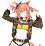  1girl animal_ears bomber_jacket cowboy_shot crop_top ha_(hura76752775) highres horse_ears horse_girl jacket long_hair looking_at_viewer mayano_top_gun_(umamusume) orange_eyes orange_hair short_shorts shorts simple_background smile solo two_side_up umamusume white_background white_shorts 