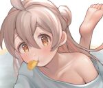  1girl :t bangs barefoot brown_eyes chips_(food) close-up collarbone commentary cropped feet food food_in_mouth foot_up grey_hair hair_between_eyes highres light_blush long_hair looking_at_viewer lying multicolored_hair nyapanu on_stomach onii-chan_wa_oshimai! oversized_clothes oversized_shirt oyama_mahiro pink_hair potato_chips shirt single_bare_shoulder soles solo toes two-tone_hair 