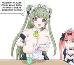  2girls :3 :t absurdres ahoge antenna_hair blush bow breast_envy breasts chinese_commentary chinese_text cocoa_(nikke) commentary cup double_bun english_commentary english_text flat_chest goddess_of_victory:_nikke grabbing_own_breast green_hair greenteaneko hair_bow hair_bun hair_ornament hairclip highres huge_breasts lactation long_hair maid maid_headdress mixed-language_commentary multiple_girls open_mouth orange_hair pink_hair purple_eyes smile soda soda_(nikke) twintails what 