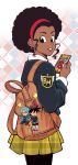  1girl amartbee backpack bag black_eyes black_hair cellphone character_doll charm_(object) commentary cowboy_shot dark-skinned_female dark_skin dragon_ball dragon_ball_(object) dragon_ball_super earrings english_commentary from_side hairband heart heart_earrings highres holding holding_phone jewelry looking_at_viewer miniskirt pantyhose parted_lips phone plaid plaid_skirt red_hairband red_nails rulah_(dragon_ball) school_uniform sidelocks skirt smartphone solo son_goten star_(symbol) trunks_(dragon_ball) unmoving_pattern widow&#039;s_peak yellow_skirt 