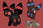  3:2 ambiguous_gender black_body brown_body brown_fur eevee eeveelution feral fur generation_1_pokemon generation_2_pokemon group hi_res nintendo pokemon pokemon_(species) red_background shiny_pokemon simple_background trio umbreon yakkotsuki 