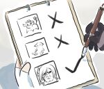  1girl asymmetrical_gloves azhdaha_(genshin_impact) black_gloves chibi drawing fingerless_gloves genshin_impact gloves holding holding_pen meme out_of_frame pen shenhe_(genshin_impact) sketch sketchbook white_gloves xinzoruo yae_miko yae_miko_(fox) 