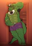  2023 abs anthro arm_hair armpit_hair azu_cacti barefoot bedroom_eyes big_bulge big_muscles body_hair bulge chest_hair claws clothed clothing daxhush detailed_bulge door dragon ear_piercing ear_ring erection erection_under_clothing feet genital_outline hair hand_in_underwear hi_res horn industrial_piercing inside leg_hair looking_back male muscular muscular_anthro muscular_male narrowed_eyes navel nipples non-mammal_nipples pecs penis_outline piercing pubes ring_piercing scalie seductive smile solo standing topless topless_anthro topless_male underwear 