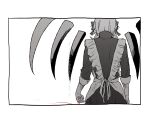  alternate_hairstyle apron arm_at_side detached_wings dress facing_away from_behind greyscale hair_ornament hii_(aisiteru6918moon) kagerou_project kozakura_marry lonely long_hair monochrome scales short_hair_with_long_locks simple_background sleeve_cuffs spot_color string string_of_fate translation_request upper_body wings 