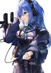  1girl absurdres blue_eyes blue_hair breasts choker from_side hand_up headphones highres hololive hoshimachi_suisei jacket lace lace_choker long_hair microphone neck_ribbon off_shoulder official_alternate_hairstyle one_side_up orange_nails parted_lips pop_filter ribbon small_breasts smile solo star_(symbol) star_in_eye symbol_in_eye tsurupy virtual_youtuber wavy_hair wire 