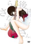  1girl background_text bare_legs bare_shoulders barefoot black_hair broken_string censored cover dress dvd_cover fetal_position full_body gotou_mariko guitar highres holding holding_instrument identity_censor instrument midori_(band) multicolored_clothes multicolored_dress real_life second-party_source short_dress short_hair solo strapless strapless_dress toes translated two-tone_background yamamoto_naoki 