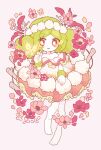  1girl bare_shoulders barefoot blush bug butterfly dot_nose dress falling_petals flora_(pop&#039;n) flower frilled_dress frills green_wristband head_wreath nonokusu_(no2xnox) open_mouth petals pink_flower pop&#039;n_music solo wristband yellow_butterfly 