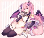  1girl anneliese bangs belt beltbra black_belt black_collar black_panties black_sleeves black_thighhighs blue_ribbon blush bow box breasts collar commentary covered_nipples crown demon_girl demon_horns demon_tail demon_wings expressionless full_body gift grey_bow groin hair_between_eyes hair_bow hair_ribbon hand_up head_tilt heart heart-shaped_box heart_o-ring heart_pillow highres holding holding_gift horns kimagure_temptation large_breasts leaning_back long_hair looking_at_viewer micro_panties mini_crown o-ring o-ring_thigh_strap panties pillow pink_background pink_eyes pink_hair pink_ribbon plaid plaid_bow purple_ribbon ribbon see-through see-through_skirt sidelocks simple_background sitting skirt sleeves_past_wrists solo striped striped_background tail thigh_gap thigh_strap thighhighs thighs twintails two_side_up underwear usetsusakon2 v-shaped_eyebrows valentine very_long_hair wariza wings 