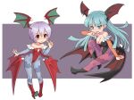  2girls animal_print bare_shoulders bat_print bat_wings blue_pantyhose blush breasts capcom demon_girl elbow_gloves fang flat_chest gloves green_eyes green_hair head_wings high_heels index_finger_raised katahira_masashi large_breasts leotard lilith_aensland long_hair low_wings morrigan_aensland multiple_girls no_nose open_mouth pantyhose print_legwear purple_hair red_footwear red_leotard short_hair skin_fang vampire_(game) wings 