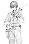  1girl ar-15 backpack bag black_hair bulletproof_vest flannel glowstick gun handgun highres mole original pen_guin15 radio radio_antenna rifle short_hair sketch sleeves_rolled_up solo suppressor watch weapon wristwatch 