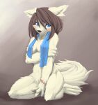  1girl :3 animal_ears animal_feet animal_hands animal_nose arm_up bangs barefoot blue_eyes blush body_fur breasts brown_background claws cleavage closed_mouth collarbone commentary_request completely_nude feet fox_ears fox_girl fox_tail full_body furry furry_female hair_between_eyes highres holding_own_arm kame_(3t) kneeling looking_away looking_to_the_side medium_breasts medium_hair navel nude original pink_scrunchie scrunchie shy sidelocks simple_background sitting snout solo swept_bangs tail towel towel_around_neck white_fur wrist_scrunchie 