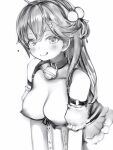  1girl :q absurdres arm_strap bangs bare_shoulders bell blush breasts collar collarbone detached_sleeves greyscale hair_between_eyes hair_bobbles hair_ornament hairclip heart highres hololive jingle_bell large_breasts long_hair looking_at_viewer monochrome nanashi_(nlo) neck_bell nipples one_side_up puffy_detached_sleeves puffy_sleeves sakura_miko simple_background sketch smile solo tongue tongue_out virtual_youtuber 