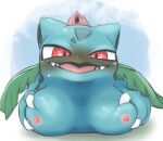  big_breasts blush breasts claws doneru fangs female flower generation_1_pokemon green_body groping_breasts hi_res holding_breast ivysaur leaf nintendo nipples plant pokemon pokemon_(species) simple_background smile solo teeth 