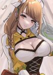  1girl braid breasts brown_eyes brown_hair cleavage commentary_request corset fire_emblem fire_emblem_engage gloves goldmary_(fire_emblem) hair_ribbon hand_up head_tilt highres large_breasts long_hair ribbon snow20200 solo unfinished upper_body white_gloves white_ribbon 