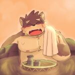  anthro bathing belly blush canid canine canis domestic_dog eyebrows fur grey_body grey_fur hi_res hot_spring joyceje51577425 lifewonders male mammal moritaka musclegut nipples pecs scar solo thick_eyebrows tokyo_afterschool_summoners towel water 