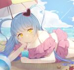  ball beach beach_umbrella beachball bikini blue_hair frilled_bikini frills highres looking_at_viewer love_mintchoco off-shoulder_bikini off_shoulder project_moon queen_of_hatred swimsuit umbrella yellow_eyes 