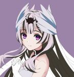  1girl bangs bare_shoulders black_choker black_hair breasts choker dress feather_hair_ornament feathers fire_emblem fire_emblem_engage grey_hair hair_ornament highres kakiko210 long_hair looking_at_viewer multicolored_hair own_hands_clasped own_hands_together petite purple_eyes small_breasts smile solo two-tone_hair very_long_hair veyle_(fire_emblem) wavy_hair 